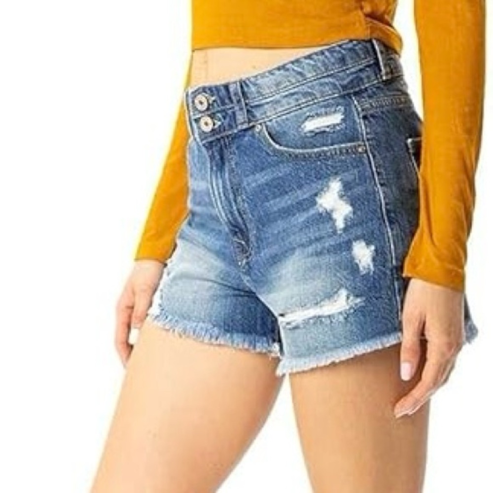 KanCan Small Denim Women’s Mom Shorts Distressed High Rise Double Button KC8560L